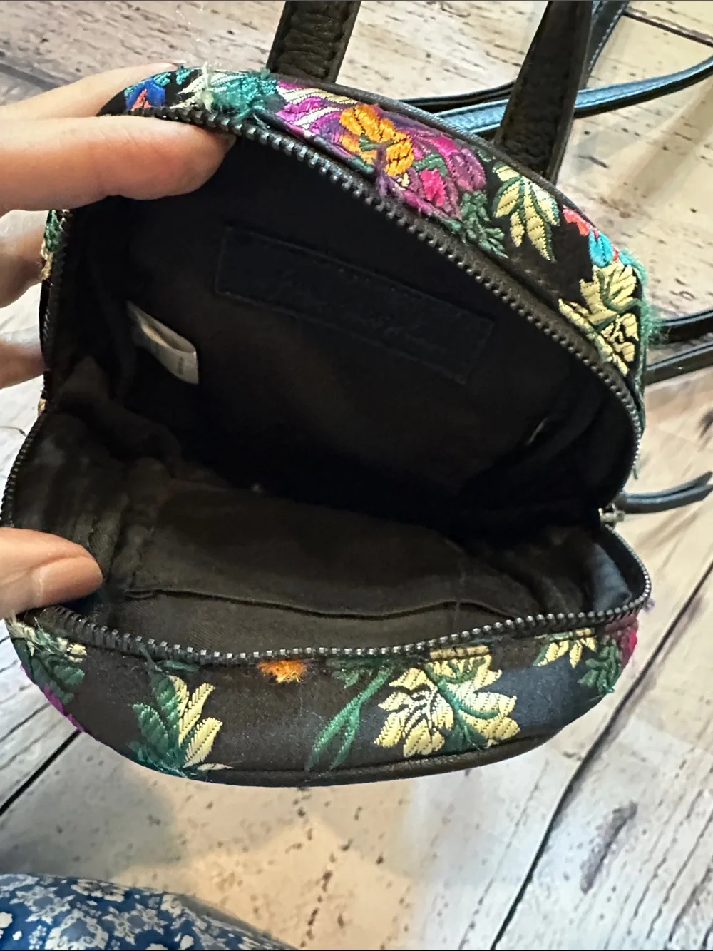 Free People Black Mini Backpack with Multicolor Embroidered Floral